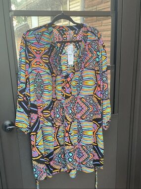 Melissa McCarthy Seven7 Black Tunic with Neon Multicolor Geometric Print